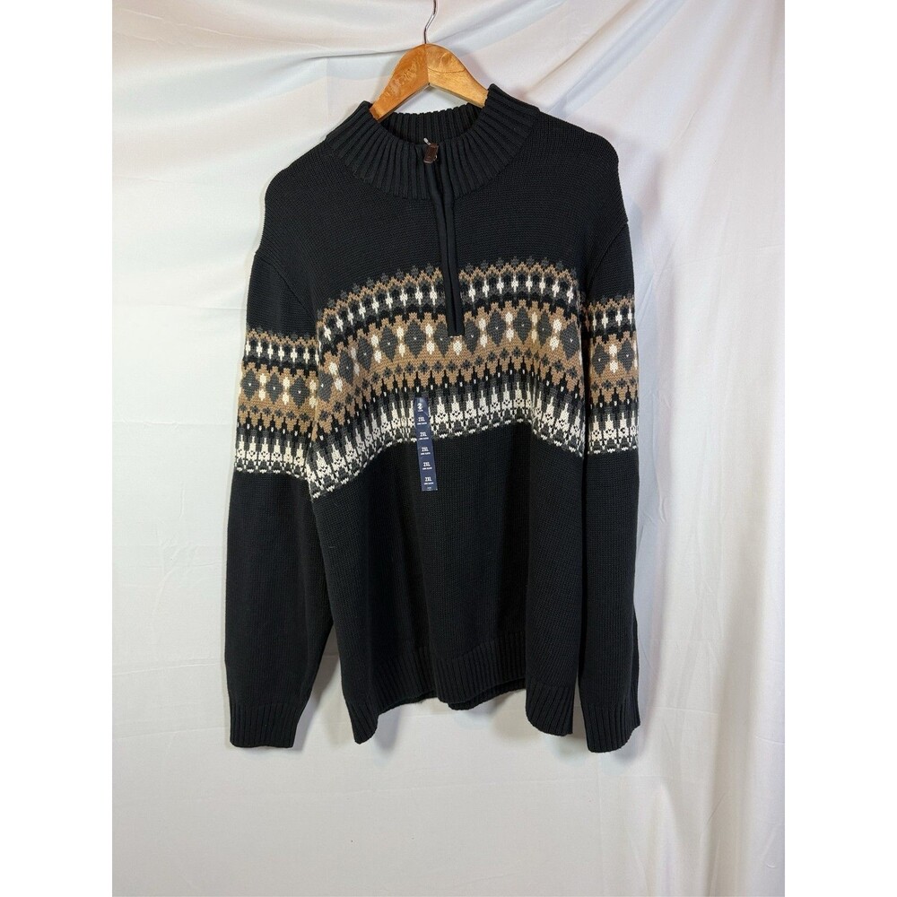 IZOD Men's Quarter Zip Sweater Black Fair Isle Nordic Knit Pullover XXL $85